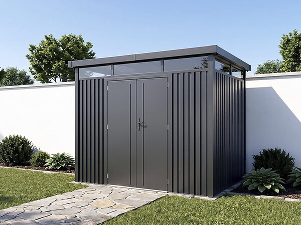 HABITAT ET JARDIN - Abri de jardin métal premium avec toit plat et porte battante "Lexinton" - 6,76 m² - Gris - large