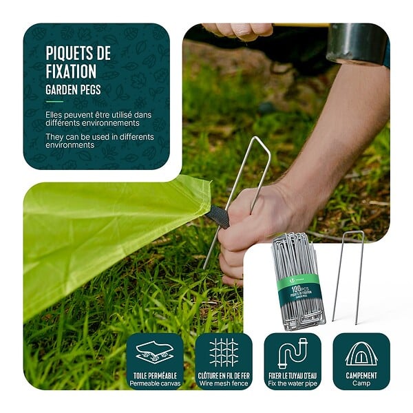 VOUNOT - Lot de 100 piquets de fixation pour jardin U 150x30mm en acier galvanise - large