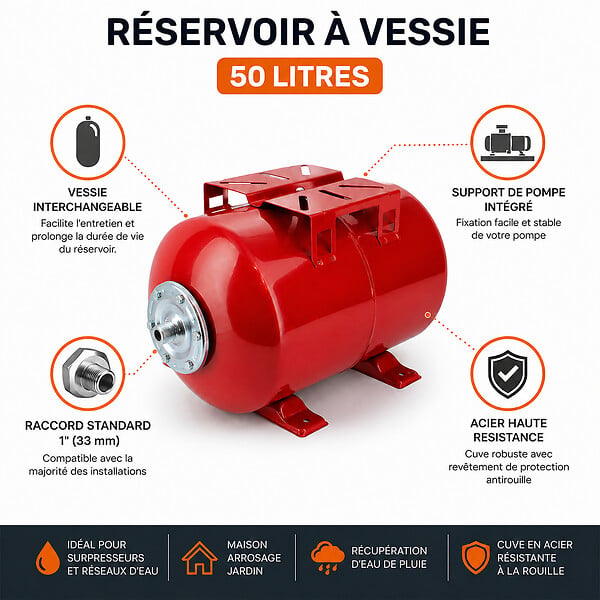 GT MARKET - Réservoir pression à vessie horizontal - 50 litres - large