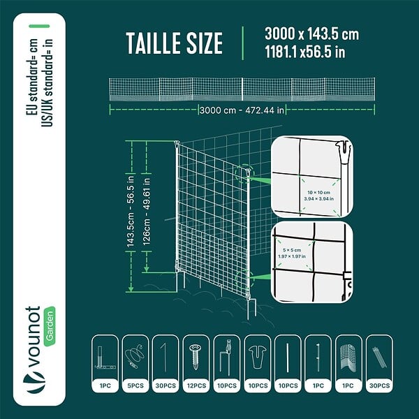 VOUNOT - Kit cloture filet a poules PE avec piquets 30m vert - large