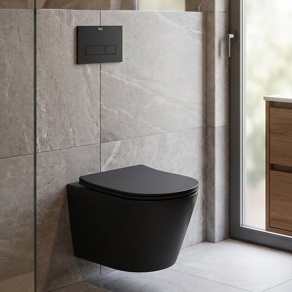 SWISS AQUA TECHNOLOGIES - WC suspendu Infinitio noir mat sans bride et fixations invisibles + abattant frein de chute (BlackInfinitio) - large