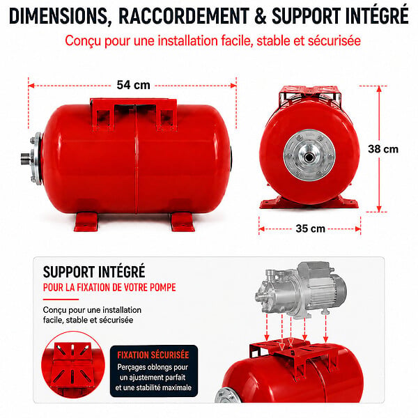 GT MARKET - Réservoir pression à vessie horizontal - 50 litres - large