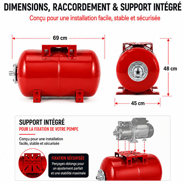 GT MARKET - Réservoir pression à vessie horizontal - 100 litres - large