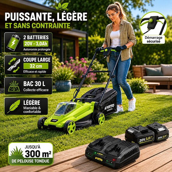 VITO - Tondeuse à gazon 20V + 2 Batteries lithium 3.0Ah + Chargeur double Gazon 300m2 - Bac 30L VITO - large