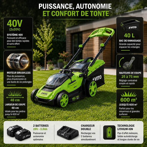 VITO - Tondeuse à gazon 40V - 2 Batteries lithium 3.0Ah Chargeur double Moteur Brushless 600m2 VITO - large
