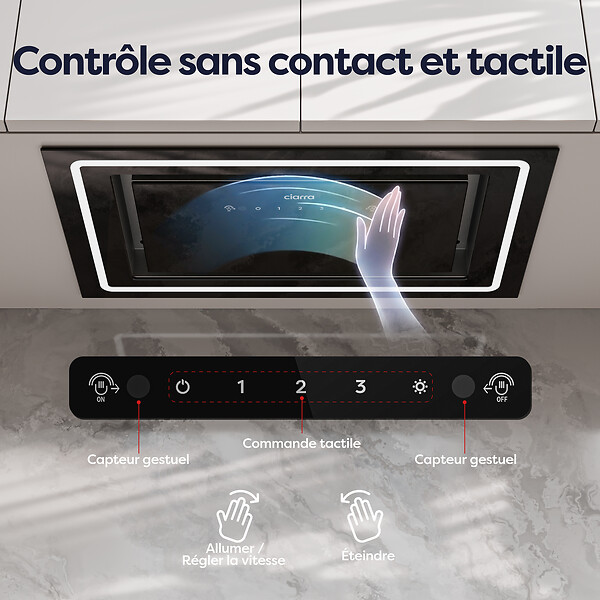CIARRA - CIARRA hotte aspirante encastrable 52cm groupe filtrant 450m3/h 3 vitesses tactile et geste commande recyclage ou évacuation CD5931CB - large