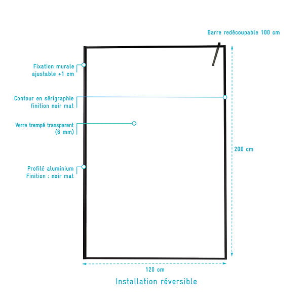 AURLANE - Paroi de Douche 120x200cm - Verre trempé 6mm - Bords Sérigraphiés Noirs Ultra-fin - large