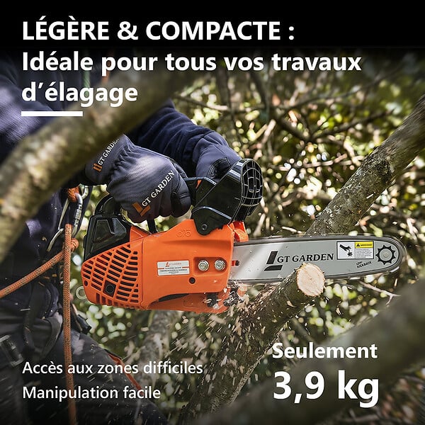 GT GARDEN - Tronçonneuse élagueuse thermique 25 cm3, 1 CV, guide 26 cm, 2 chaînes - large