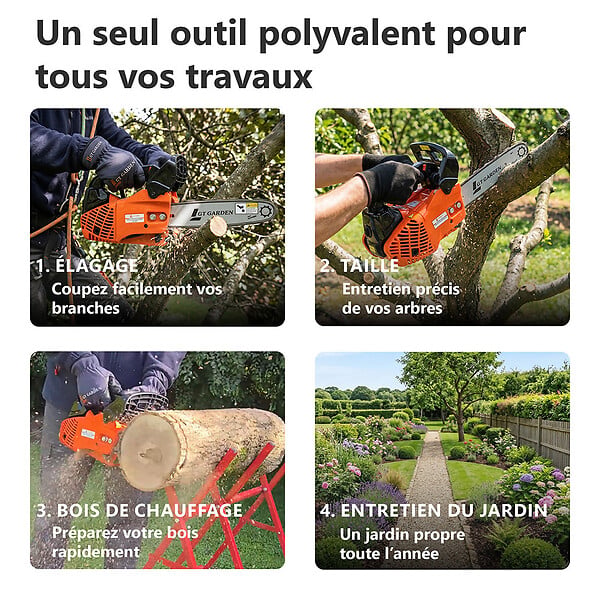 GT GARDEN - Tronçonneuse élagueuse thermique 25 cm3, 1 CV, guide 26 cm, 2 chaînes - large