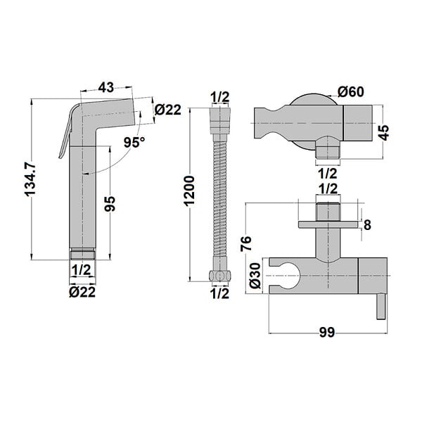 OLFA - Douchette WC Cox ronde + Support + Flexible inox brossé - large