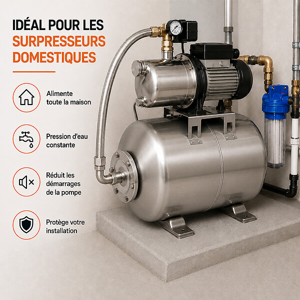 GT MARKET - Réservoir pression à vessie horizontal en inox - 50 litres - large