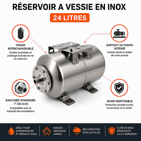 GT MARKET - Réservoir pression à vessie horizontal en inox - 24 litres - large