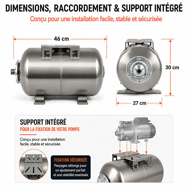 GT MARKET - Réservoir pression à vessie horizontal en inox - 24 litres - large