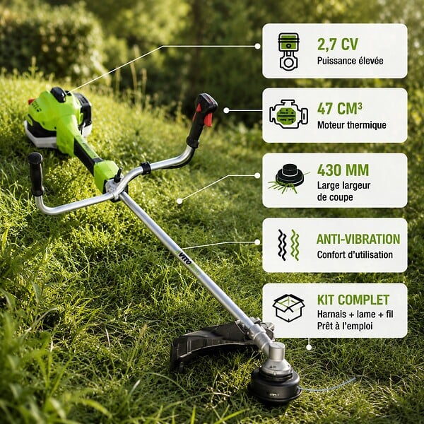VITO - Debroussailleuse thermique 47Cm3 Moteur 2T 2.7CV + Bobine  avec fil + lame 3 dents + Harnais VITO - large