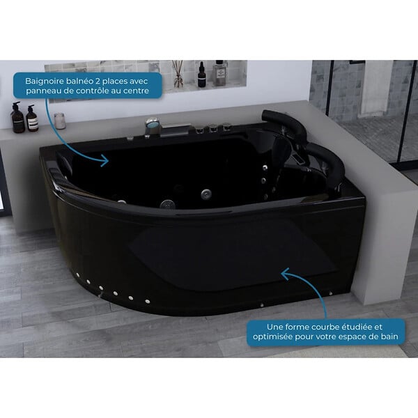 DISTRIBAIN - Baignoire Maori Balnéo Noire asymètrique côté Gauche 32 jets - large