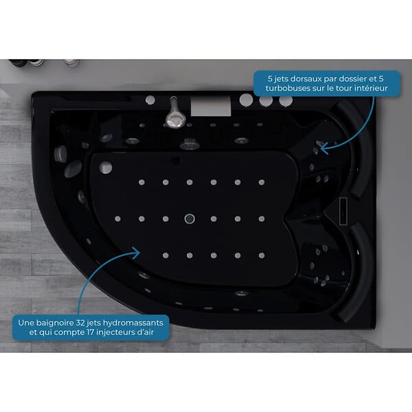 DISTRIBAIN - Baignoire Maori Balnéo Noire asymètrique côté Gauche 32 jets - large