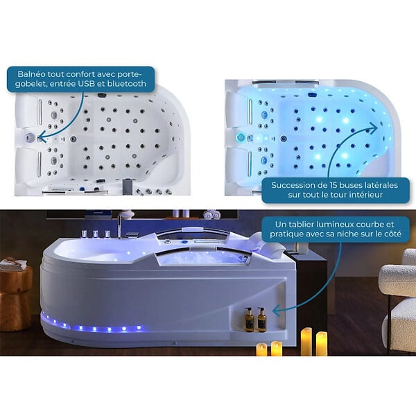 DISTRIBAIN - Baignoire Balnéo asymétrique VULCANO-G 56 jets Whirlpool - large
