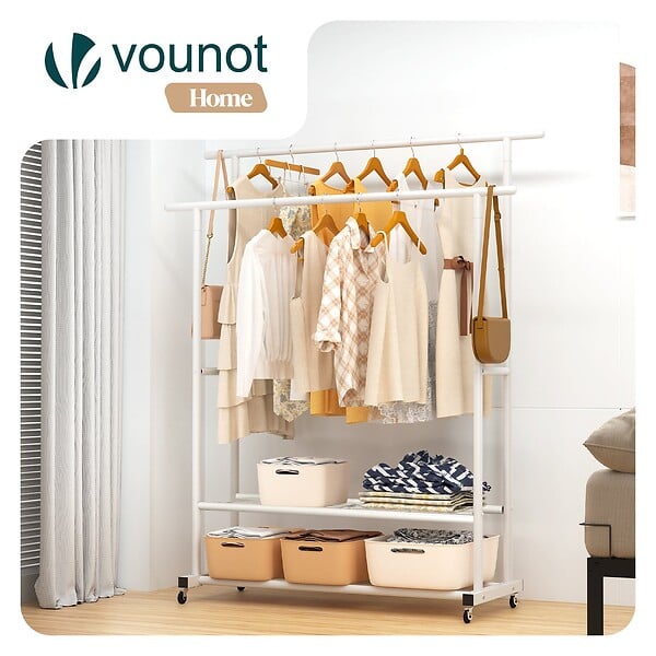 VOUNOT - Portant a Vetements double avec roulettes et 2 etageres de rangement 121x40x147cm metal Blanc - large