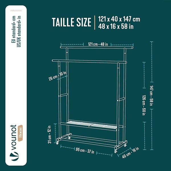 VOUNOT - Portant a Vetements double avec roulettes et 2 etageres de rangement 121x40x147cm metal Blanc - large