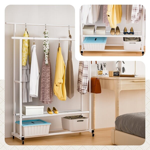 VOUNOT - Portant a Vetements double avec roulettes et 2 etageres de rangement 121x40x147cm metal Blanc - large