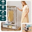 VOUNOT - Portant a Vetements double avec roulettes et 2 etageres de rangement 121x40x147cm metal Blanc - vignette