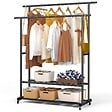 VOUNOT - Portant a Vetements double avec roulettes et 2 etageres de rangement 121x40x147cm metal Noir - vignette