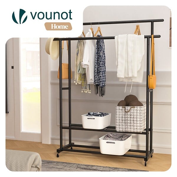 VOUNOT - Portant a Vetements double avec roulettes et 2 etageres de rangement 121x40x147cm metal Noir - large