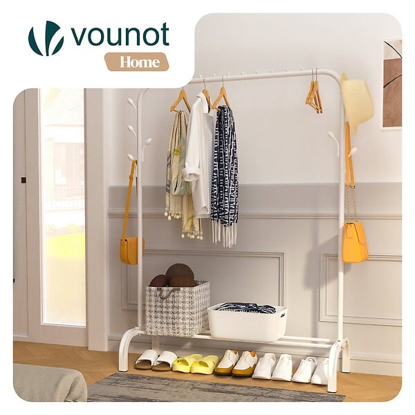 VOUNOT - Portant a Vetements avec etagere Chaussures 8 Crochets Lateraux 110x41x147cm metal Blanc - large
