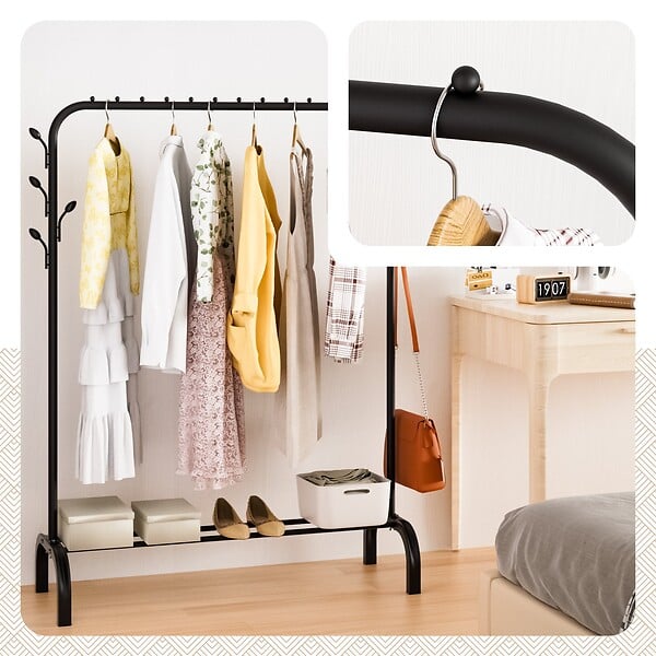 VOUNOT - Portant a Vetements avec etagere Chaussures 8 Crochets Lateraux 110x41x147cm metal Noir - large