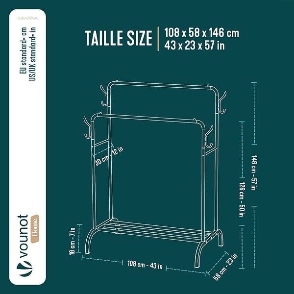 VOUNOT - Portant a Vetements Double avec etagere Chaussures 4 Crochets Lateraux 108x58x146cm metal Noir - large