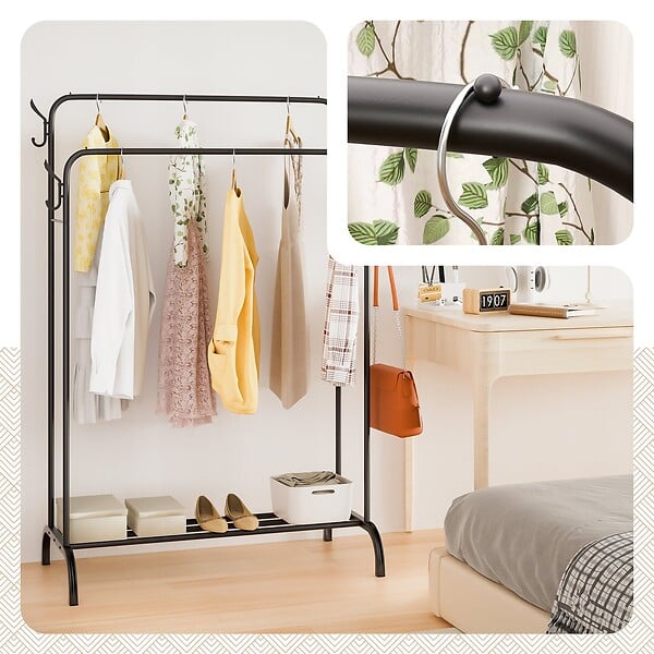 VOUNOT - Portant a Vetements Double avec etagere Chaussures 4 Crochets Lateraux 108x58x146cm metal Noir - large