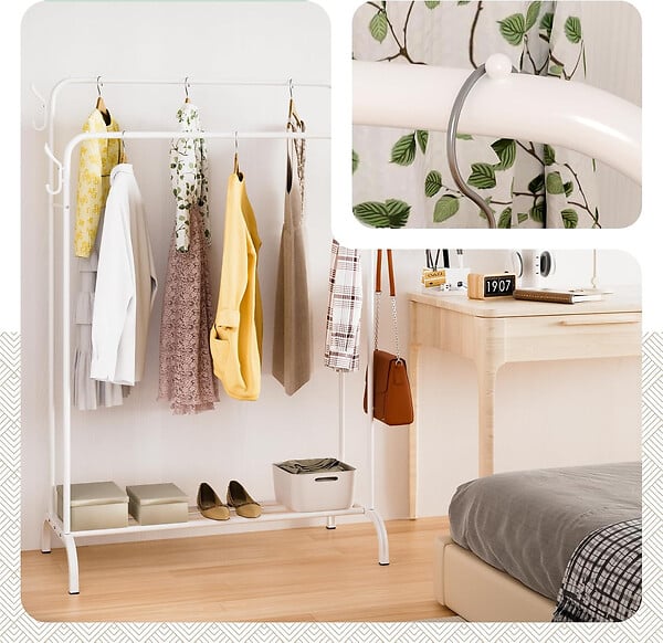 VOUNOT - Portant a Vetements Double avec etagere Chaussures 4 Crochets Lateraux 108x58x146cm metal Blanc - large