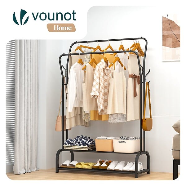 VOUNOT - Portant a vetement double avec 2 niveaux etageres chaussures 4 Crochets Lateraux 108x35x145cm metal Noir - large