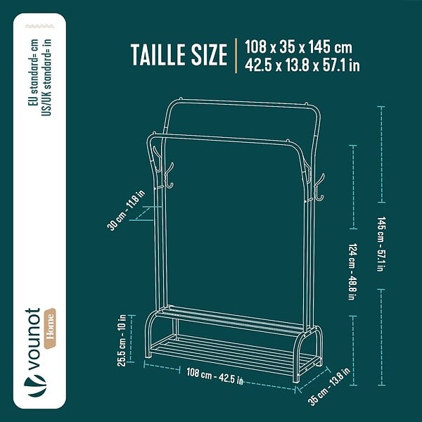 VOUNOT - Portant a vetement double avec 2 niveaux etageres chaussures 4 Crochets Lateraux 108x35x145cm metal Noir - large
