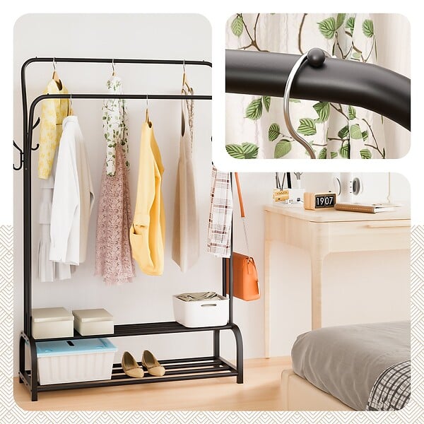 VOUNOT - Portant a vetement double avec 2 niveaux etageres chaussures 4 Crochets Lateraux 108x35x145cm metal Noir - large