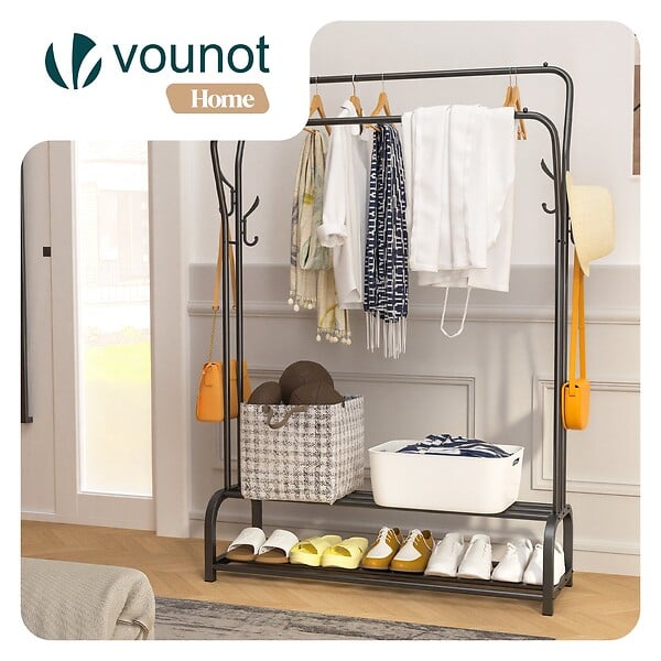 VOUNOT - Portant a vetement double avec 2 niveaux etageres chaussures 4 Crochets Lateraux 108x35x145cm metal Noir - large