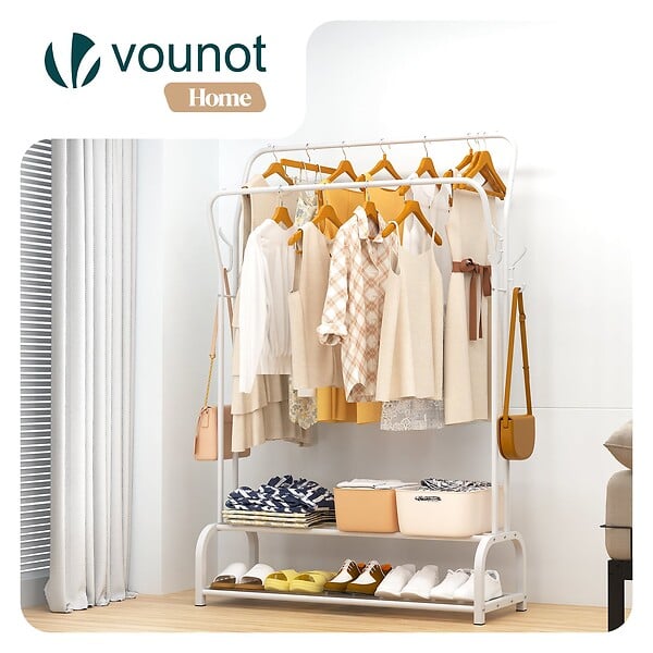 VOUNOT - Portant a vetement double avec 2 niveaux etageres chaussures 4 Crochets Lateraux 108x35x145cm metal Blanc - large