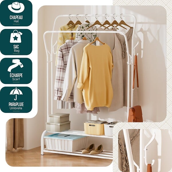 VOUNOT - Portant a vetement double avec 2 niveaux etageres chaussures 4 Crochets Lateraux 108x35x145cm metal Blanc - large