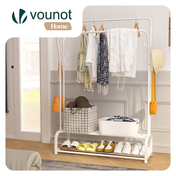VOUNOT - Portant a vetement double avec 2 niveaux etageres chaussures 4 Crochets Lateraux 108x35x145cm metal Blanc - large