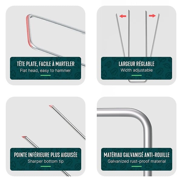 VOUNOT - Lot de 150 piquets de fixation pour jardin U 150x30mm en acier galvanise - large