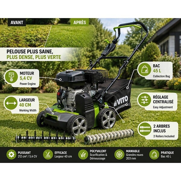VITO - Scarificateur Thermique 5,4 CV – Scarificateur & Démousseur Pelouse 2000 m², Largeur 40cm, Réglable, Bac 45L VITO - large