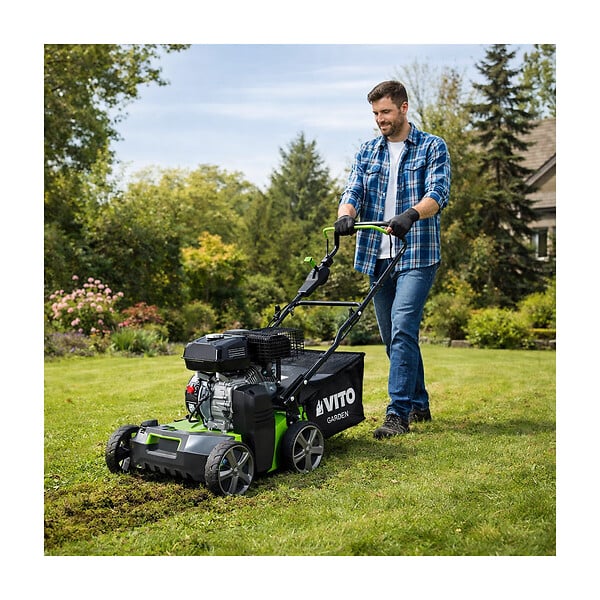 VITO - Scarificateur Thermique 5,4 CV – Scarificateur & Démousseur Pelouse 2000 m², Largeur 40cm, Réglable, Bac 45L VITO - large