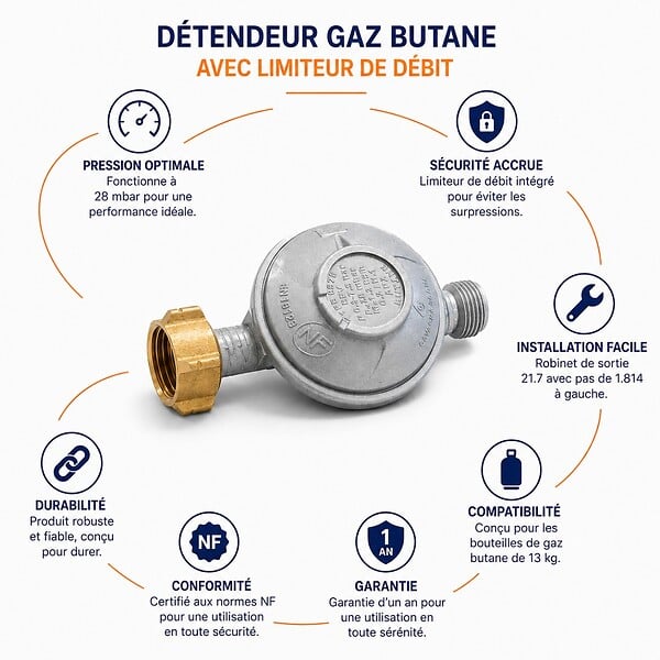 PROWELTEK - Détendeur gaz BUTANE 28 mbar avec limiteur de débit Raccords 20/150 & G1/2. - large