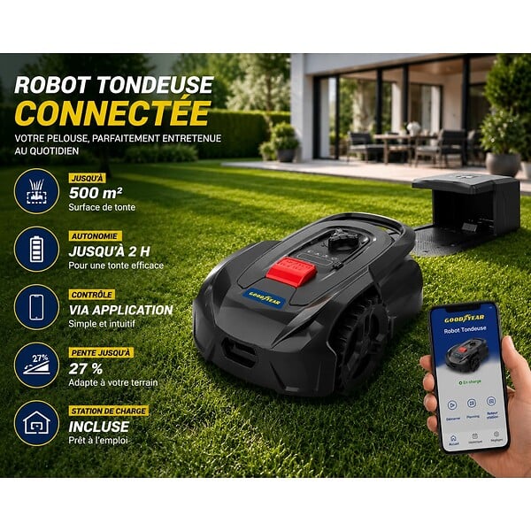 GOODYEAR - Robot Tondeuse Sans fil 500m2 Installation facile 3 lames Mulching Coupe Ø18cm 45% Retour à la base Autonome GOODYEAR - large