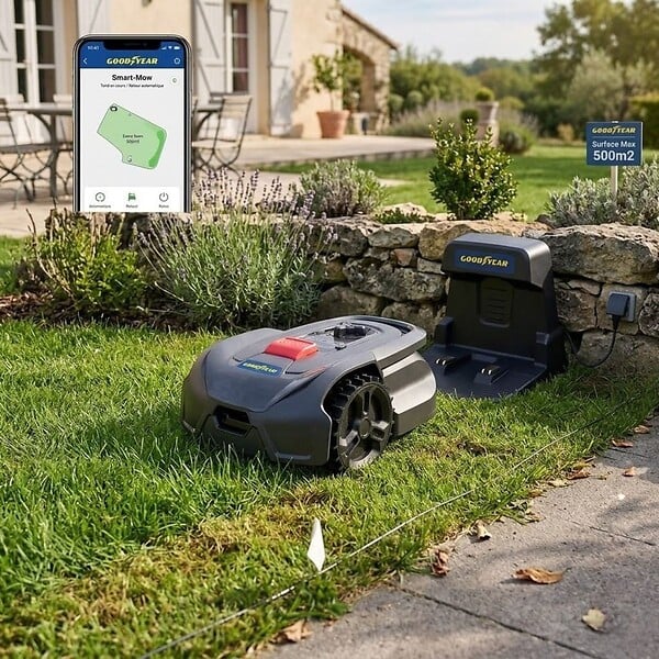 GOODYEAR - Robot Tondeuse Sans fil 500m2 Installation facile 3 lames Mulching Coupe Ø18cm 45% Retour à la base Autonome GOODYEAR - large