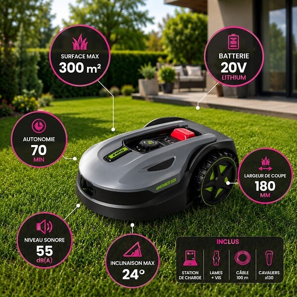 VITO - Robot Tondeuse sans fil 300m2 Brushless 3 Lames Coupe 180mm Retour station automatique Mulching VITO - large