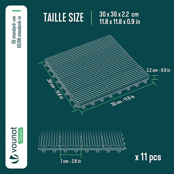 VOUNOT - Lot de 11 dalles clipsables exterieures 30x30cm en Composite WPC Marron - large