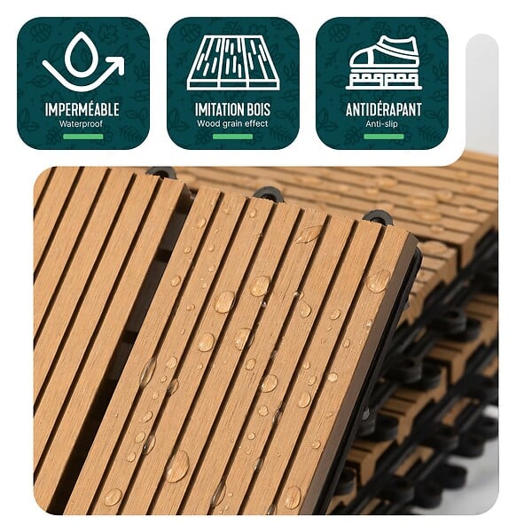 VOUNOT - Lot de 16 dalles clipsables exterieures 30x30cm en Composite WPC Couleur bois - large
