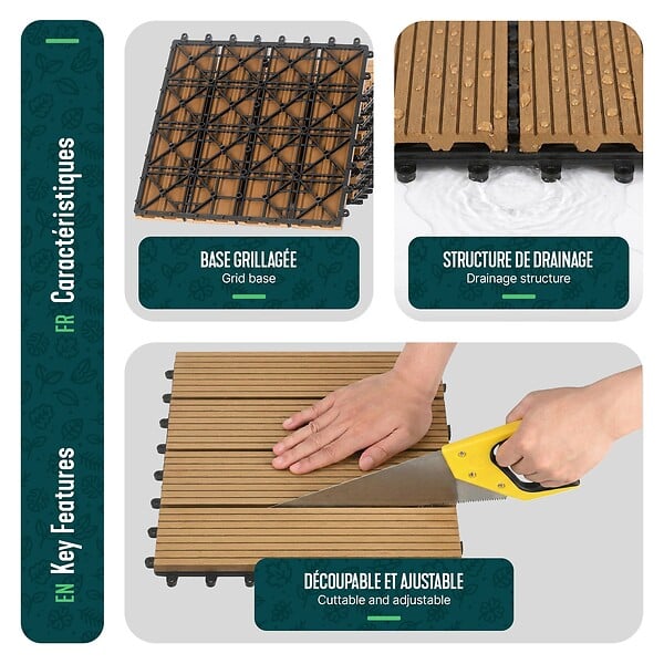 VOUNOT - Lot de 11 dalles clipsables exterieures 30x30cm en Composite WPC Couleur bois - large