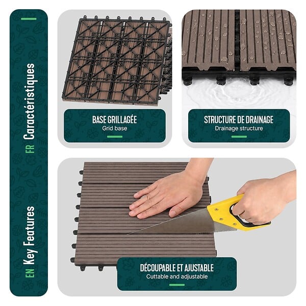 VOUNOT - Lot de 16 dalles clipsables exterieures 30x30cm en Composite WPC Marron - large